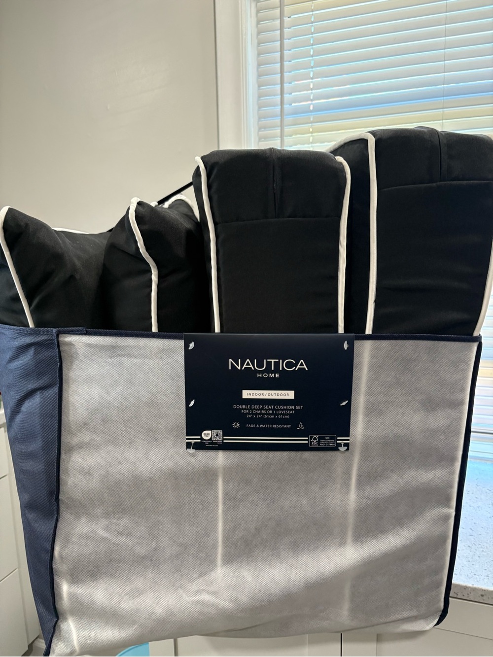 NEW Nautica Black Cushioned Seat with White Piping- set of 2 or for loveseat